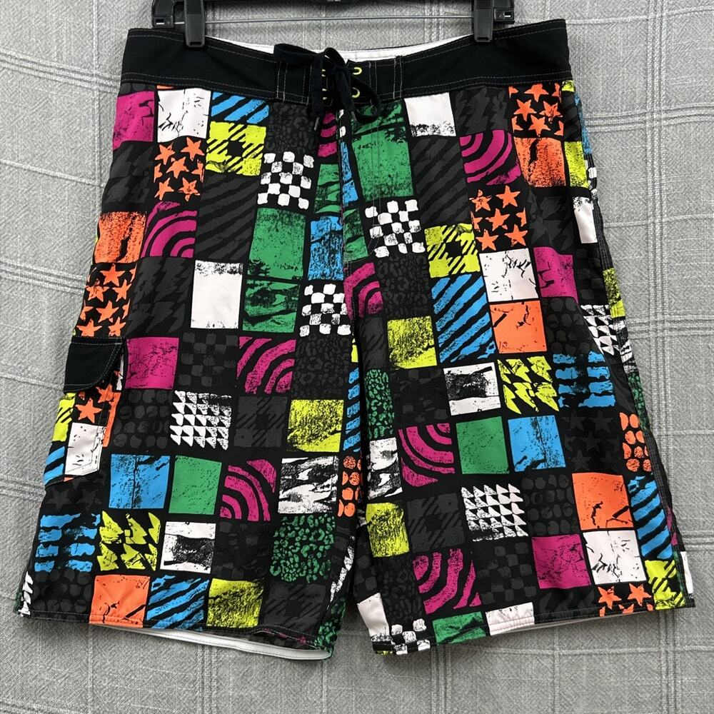 Burnside Men's Size 34 Neon Checker Board Shorts Geometric Swim Trunks w/ Comb